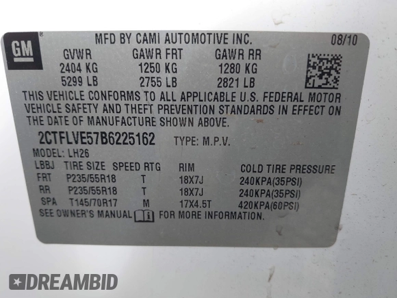 2011 GMC Terrain SLT-1 with VIN 2CTFLVE57B6225162, listed as a IAAI auction lot 41637609 with 247,558 mi miles and . Bid and sale history available at DreamBid. Image 9.