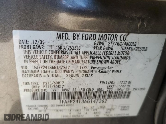 2006 Ford Five Hundred SEL with VIN 1FAFP24136G147262, listed as a Copart auction lot 74122114 with 0 mi miles and Salvage Title. Bid and sale history available at carsss.com. Image 14.
