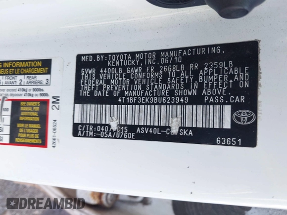2011 Toyota Camry LE z VIN 4T1BF3EK9BU623949, wystawiony jako IAAI lot #42141513 z przebiegiem Nie podano mil oraz . Historia ofert i sprzedaży dostępna na DreamBid. Obrazek 9.