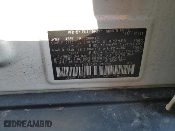 2014 Subaru Outback 2.5i with VIN 4S4BRCAC0E3301264, listed as a Copart auction lot 41236254 with 131,919 mi miles and Salvage title. Bid and sale history available at DreamBid. Image 12.
