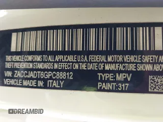 2016 Jeep Renegade Limited with VIN ZACCJADT6GPC88812, listed as a IAAI auction lot 41409614 with 99,243 mi miles and . Bid and sale history available at DreamBid. Image 9.