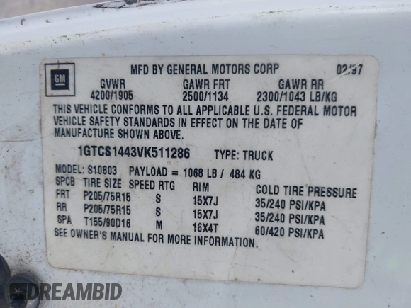 1997 GMC Sonoma z VIN 1GTCS1443VK511286, wystawiony jako IAAI lot #42236026 z przebiegiem 154 768 mil mil oraz . Historia ofert i sprzedaży dostępna na DreamBid. Obrazek 9.