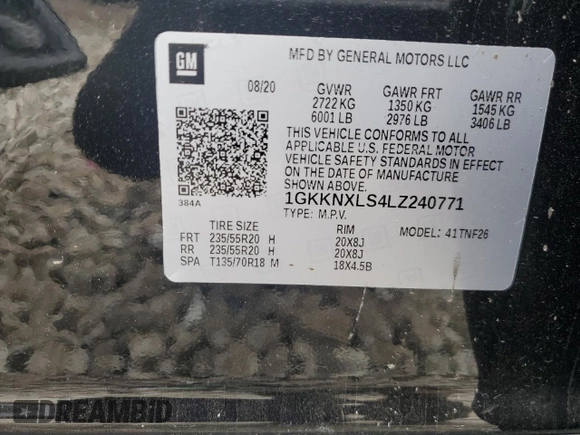 2020 GMC Acadia Denali with VIN 1GKKNXLS4LZ240771, listed as a Copart auction lot 58933135 with 39,703 mi miles and Salvage title. Bid and sale history available at DreamBid. Image 13.