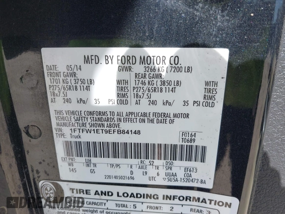 2014 Ford F-150 XL with VIN 1FTFW1ET9EFB84148, listed as a IAAI auction lot 41718273 with 242,594 mi miles and . Bid and sale history available at carsss.com. Image 9.