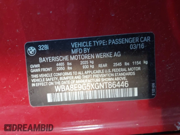 2016 BMW 3 Series 328i with VIN WBA8E9G5XGNT86446, listed as a IAAI auction lot 41759065 with 62,976 mi miles. Bid and sale history available at carsss.com. Image 9.