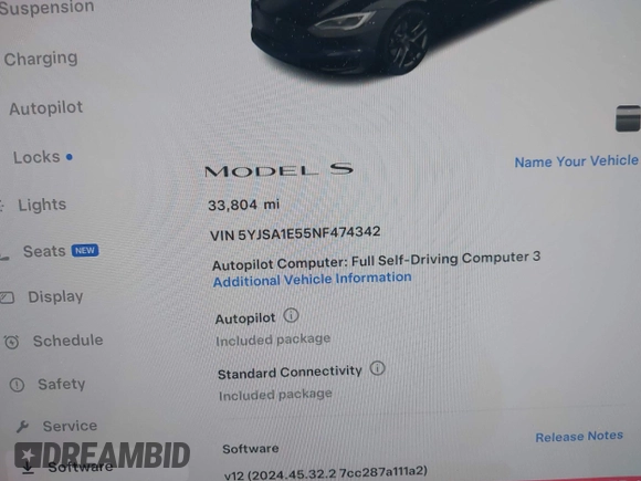 2022 Tesla Model S with VIN 5YJSA1E55NF474342, listed as a IAAI auction lot 41870994 with 33,804 mi miles and . Bid and sale history available at DreamBid. Image 16.