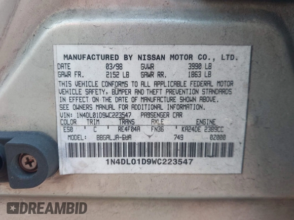 1998 Nissan Altima XE with VIN 1N4DL01D9WC223547, listed as a IAAI auction lot 41275743 with 178,699 mi miles. Bid and sale history available at carsss.com. Image 9.