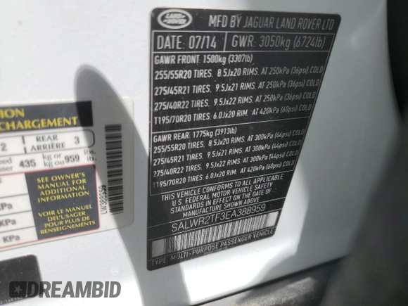 2014 Land Rover Range Rover Sport Supercharged with VIN SALWR2TF3EA388959, listed as a Copart auction lot 53916145 with 111,575 mi miles and Salvage title. Bid and sale history available at DreamBid. Image 13.