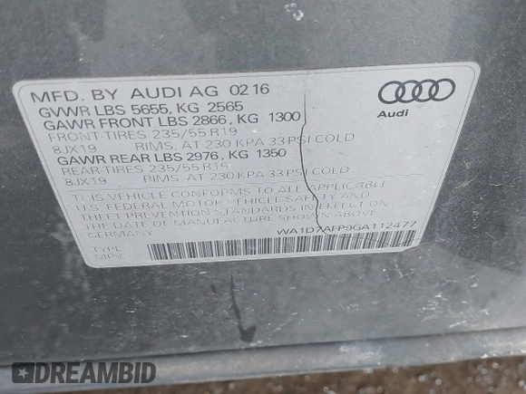 2016 Audi Q5 Premium Plus z VIN WA1D7AFP9GA112477, wystawiony jako IAAI lot #41520842 z przebiegiem 132 497 mil mil oraz . Historia ofert i sprzedaży dostępna na DreamBid. Obrazek 9.