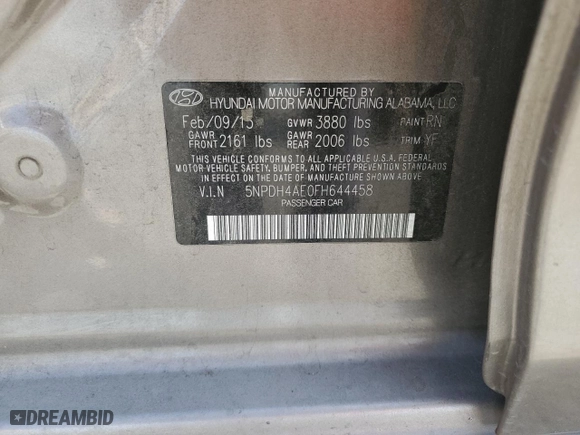 2015 Hyundai Elantra Limited with VIN 5NPDH4AE0FH644458, listed as a Copart auction lot 50271545 with 114,160 mi miles and Salvage Title. Bid and sale history available at carsss.com. Image 13.
