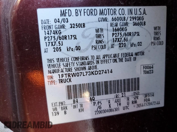 2003 Ford F-150 XLT with VIN 1FTRW07L73KD27414, listed as a Copart auction lot 46600145 with Not Provided miles and Salvage Title. Bid and sale history available at carsss.com. Image 15.