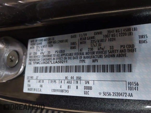 2020 Ford Escape SE with VIN 1FMCU9G67LUA50211, listed as a IAAI auction lot 42166974 with 30,524 mi miles and . Bid and sale history available at DreamBid. Image 9.