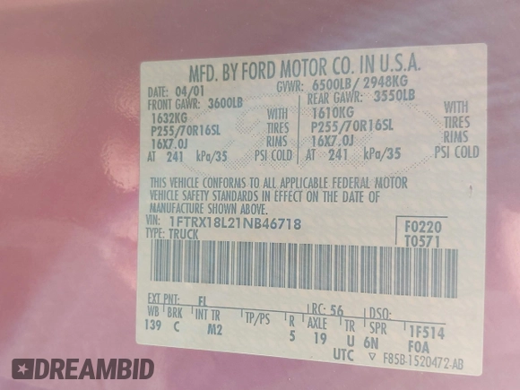 2001 Ford F-150 XL with VIN 1FTRX18L21NB46718, listed as a IAAI auction lot 41477101 with 156,702 mi miles. Bid and sale history available at carsss.com. Image 9.