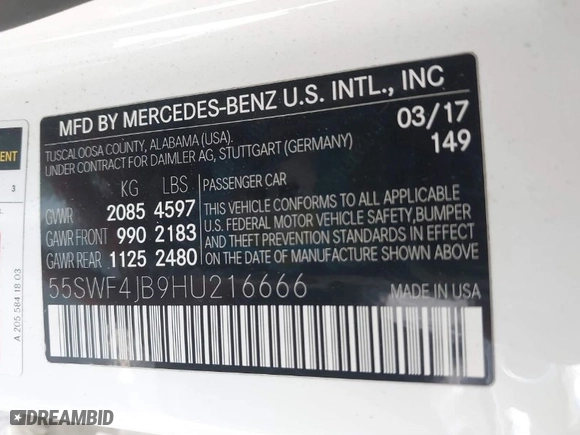2017 Mercedes-Benz C-Class C 300 with VIN 55SWF4JB9HU216666, listed as a IAAI auction lot 41807212 with 141,012 mi miles. Bid and sale history available at carsss.com. Image 9.