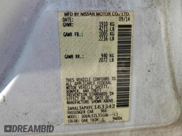 2015 Nissan Altima 2.5 with VIN 1N4AL3APXFC163342, listed as a Copart auction lot 59683555 with 148,335 mi miles and Salvage title. Bid and sale history available at DreamBid. Image 12.