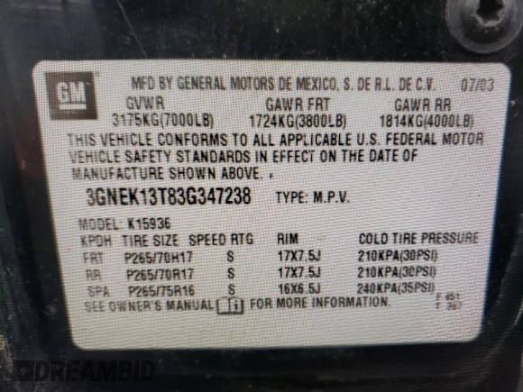 2003 Chevrolet Avalanche z VIN 3GNEK13T83G347238, wystawiony jako Copart lot #53106335 z przebiegiem 264 782 mil mil oraz Czysty tytuł • Clean title. Historia ofert i sprzedaży dostępna na DreamBid. Obrazek 12.