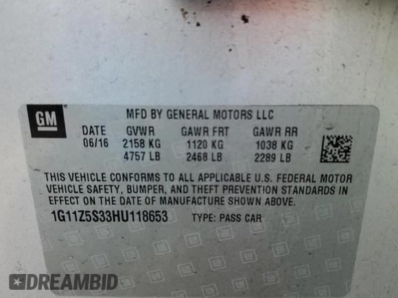 2017 Chevrolet Impala LS with VIN 1G11Z5S33HU118653, listed as a Copart auction lot 43614345 with 74,006 mi miles and Salvage Title. Bid and sale history available at DreamBid. Image 12.