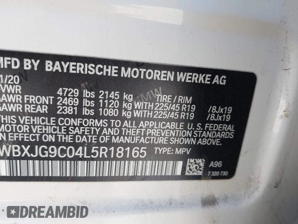 2020 BMW X1 xDrive28i with VIN WBXJG9C04L5R18165, listed as a IAAI auction lot 42313313 with 46,815 mi miles and . Bid and sale history available at DreamBid. Image 9.