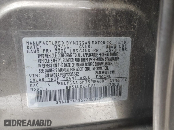 2016 Nissan Sentra SR with VIN 3N1AB7AP3GY236342, listed as a Copart auction lot 44928985 with 129,347 mi miles and Clean Title. Bid and sale history available at DreamBid. Image 12.