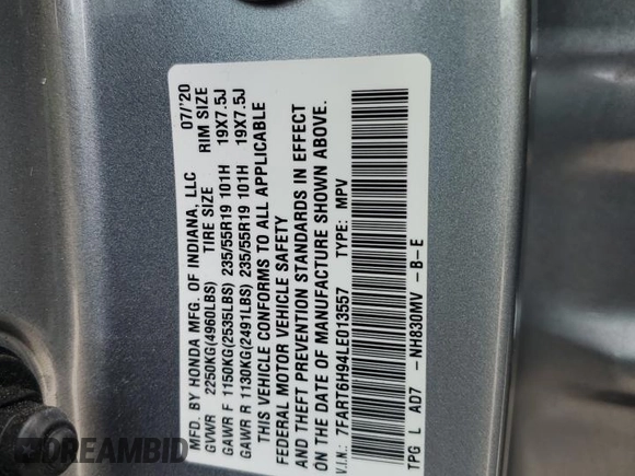 2020 Honda CR-V Touring z VIN 7FART6H94LE013557, wystawiony jako Copart lot #54605755 z przebiegiem 42 554 mil mil oraz Szkoda całkowita • Salvage title. Historia ofert i sprzedaży dostępna na DreamBid. Obrazek 12.