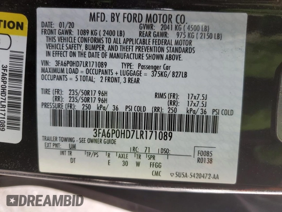 2020 Ford Fusion SE with VIN 3FA6P0HD7LR171089, listed as a Copart auction lot 45085885 with 35,019 mi miles and Salvage Title. Bid and sale history available at carsss.com. Image 12.