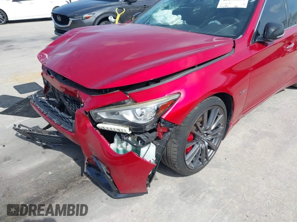 2018 Infiniti Q50 Red Sport 400 with VIN JN1FV7AP2JM460824, listed as a IAAI auction lot 42077854 with 91,062 mi miles and . Bid and sale history available at DreamBid. Image 6.