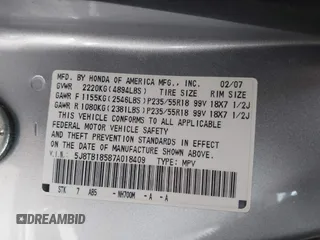 2007 Acura RDX Technology z VIN 5J8TB18587A018409, wystawiony jako IAAI lot #41803759 z przebiegiem 137 073 mil mil oraz . Historia ofert i sprzedaży dostępna na DreamBid. Obrazek 9.