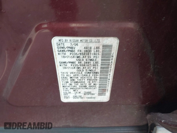 2007 Nissan Murano S с VIN JN8AZ08T67W500197, выставлен на аукционе IAAI как лот 42409100 с пробегом 181 021 миль миль и . История ставок и продаж доступна на DreamBid. Изображение 9.
