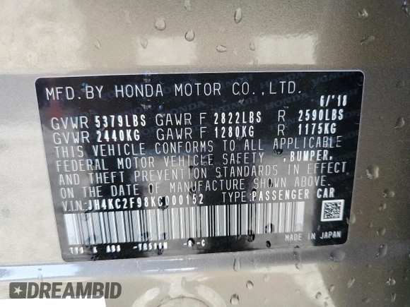 2019 Acura RLX Hybrid Advance Pkg with VIN JH4KC2F98KC000152, listed as a Copart auction lot 50543715 with 55,179 mi miles and Salvage Title. Bid and sale history available at carsss.com. Image 12.