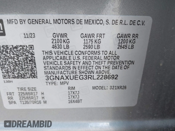 2024 Chevrolet Equinox LT with VIN 3GNAXUEG3RL228692, listed as a IAAI auction lot 42233704 with 45,774 mi miles and . Bid and sale history available at DreamBid. Image 9.