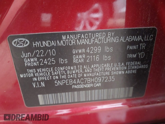 2011 Hyundai Sonata GLS with VIN 5NPEB4AC7BH097235, listed as a IAAI auction lot 41896579 with 127,456 mi miles. Bid and sale history available at carsss.com. Image 9.