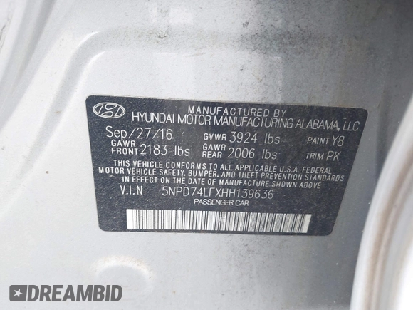 2017 Hyundai Elantra SE with VIN 5NPD74LFXHH139636, listed as a IAAI auction lot 42201346 with 179,628 mi miles and . Bid and sale history available at DreamBid. Image 9.