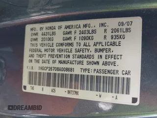 2008 Honda Accord EX with VIN 1HGCP26708A008681, listed as a IAAI auction lot 42166698 with 218,341 mi miles and . Bid and sale history available at DreamBid. Image 9.