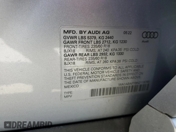 2022 Audi Q5 Premium with VIN WA1ABAFY9N2119785, listed as a Copart auction lot 47014374 with 16,924 mi miles and . Bid and sale history available at DreamBid. Image 13.