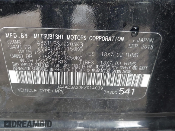2019 Mitsubishi Outlander SE with VIN JA4AD3A32KZ014039, listed as a IAAI auction lot 42106096 with 179,359 mi miles and . Bid and sale history available at DreamBid. Image 9.
