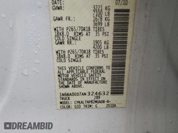 2010 Nissan Titan SE with VIN 1N6BA0ED7AN324632, listed as a Copart auction lot 57095185 with 156,391 mi miles and Salvage title. Bid and sale history available at DreamBid. Image 12.