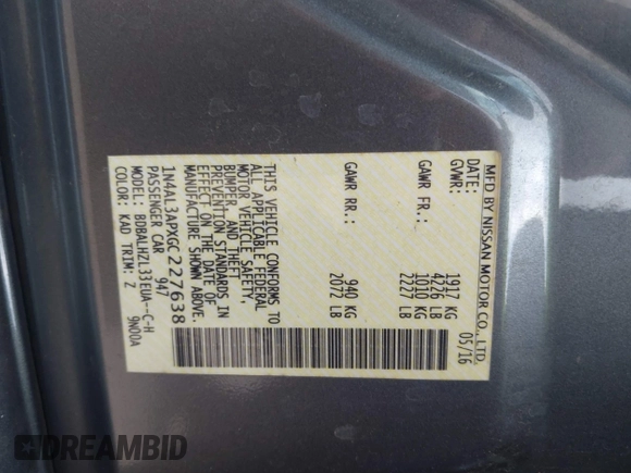2016 Nissan Altima SR with VIN 1N4AL3APXGC227638, listed as a IAAI auction lot 42079982 with 167,303 mi miles and . Bid and sale history available at carsss.com. Image 9.