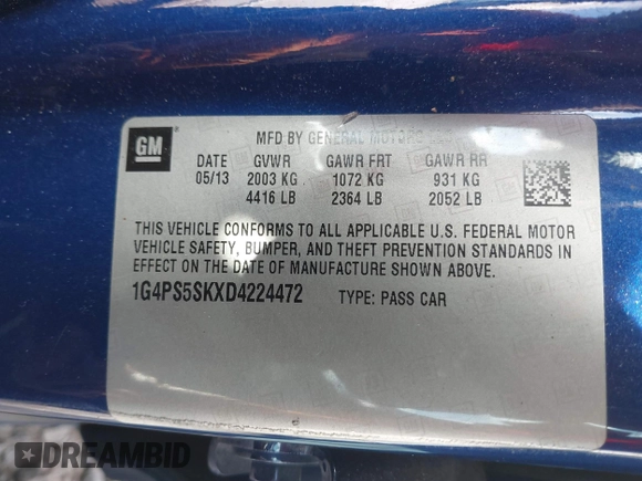 2013 Buick Verano Group с VIN 1G4PS5SKXD4224472, выставлен на аукционе IAAI как лот 41155488 с пробегом 126 715 миль миль и . История ставок и продаж доступна на DreamBid. Изображение 9.