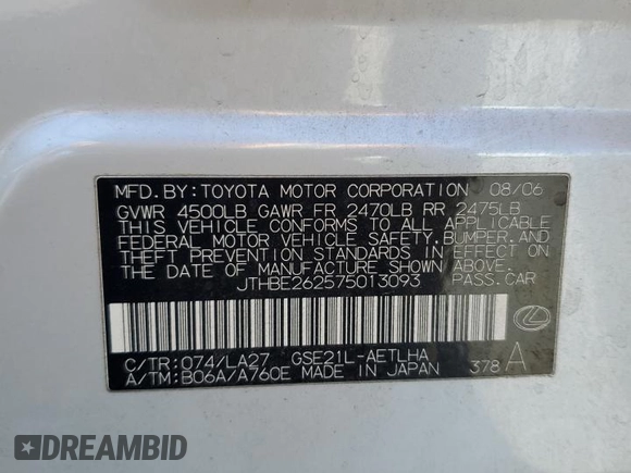 2007 Lexus IS 350 z VIN JTHBE262575013093, wystawiony jako Copart lot #58269865 z przebiegiem 188 042 mil mil oraz Szkoda całkowita • Salvage title. Historia ofert i sprzedaży dostępna na DreamBid. Obrazek 13.