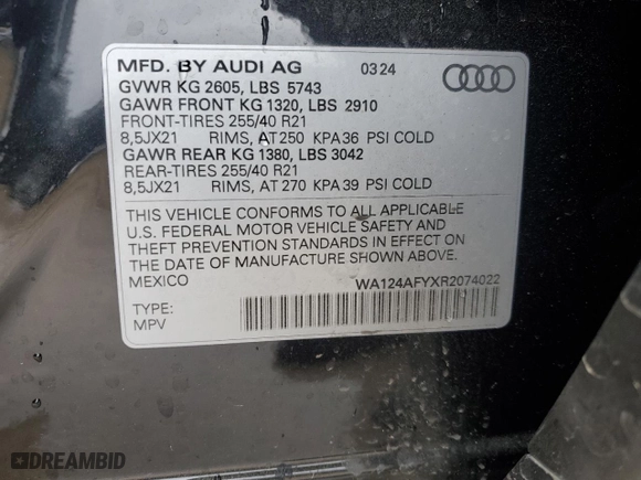 2024 Audi SQ5 Sportback Premium Plus with VIN WA124AFYXR2074022, listed as a Copart auction lot 87796575 with 6,124 mi miles and Clean Title. Bid and sale history available at carsss.com. Image 13.