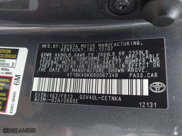 2008 Toyota Camry LE with VIN 4T1BK46K68U067348, listed as a IAAI auction lot 41469784 with 154,513 mi miles. Bid and sale history available at carsss.com. Image 9.