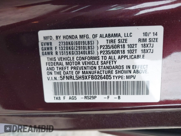 2015 Honda Odyssey Touring Elite with VIN 5FNRL5H9XFB026405, listed as a IAAI auction lot 41780562 with 134,897 mi miles and . Bid and sale history available at DreamBid. Image 9.