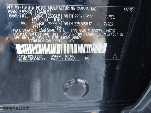 2016 Toyota RAV4 XLE with VIN 2T3RFREV1GW410956, listed as a IAAI auction lot 41739007 with 108,642 mi miles. Bid and sale history available at carsss.com. Image 9.