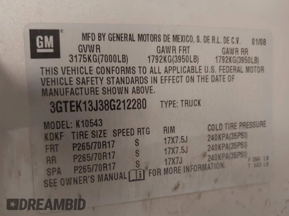 2008 GMC Sierra 1500 SLE1 with VIN 3GTEK13J38G212280, listed as a IAAI auction lot 41499750 with 196,175 mi miles. Bid and sale history available at carsss.com. Image 9.