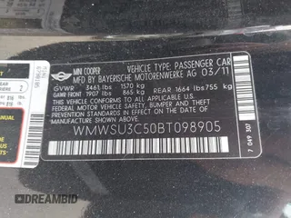 2011 MINI Hardtop with VIN WMWSU3C50BT098905, listed as a IAAI auction lot 42637688 with 118,389 mi miles and . Bid and sale history available at DreamBid. Image 9.