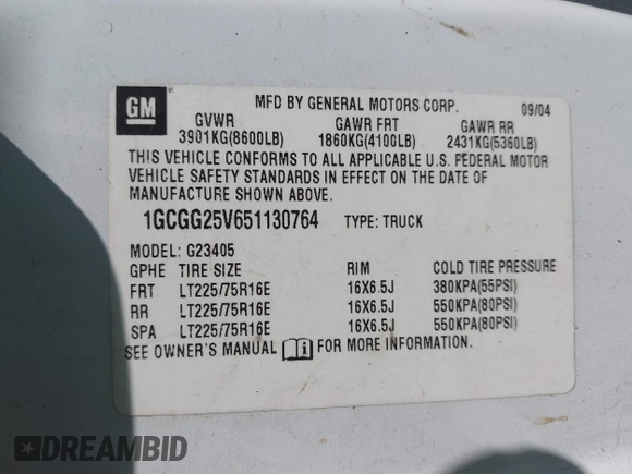 2005 Chevrolet Express Cargo with VIN 1GCGG25V651130764, listed as a IAAI auction lot 42494021 with 203,357 mi miles and . Bid and sale history available at DreamBid. Image 9.
