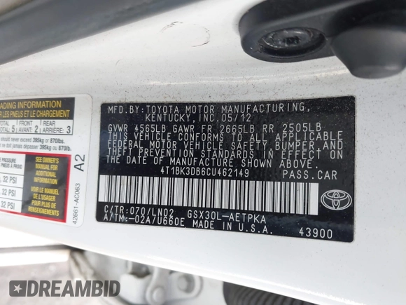 2012 Toyota Avalon with VIN 4T1BK3DB6CU462149, listed as a IAAI auction lot 41678263 with 217,875 mi miles and . Bid and sale history available at DreamBid. Image 9.