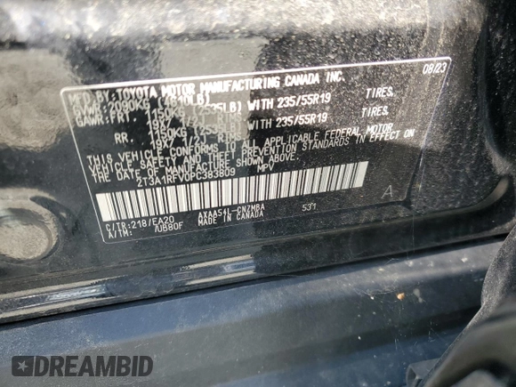 2023 Toyota RAV4 XLE Premium with VIN 2T3A1RFV0PC383809, listed as a Copart auction lot 59938405 with 33,206 mi miles and Salvage title. Bid and sale history available at DreamBid. Image 13.