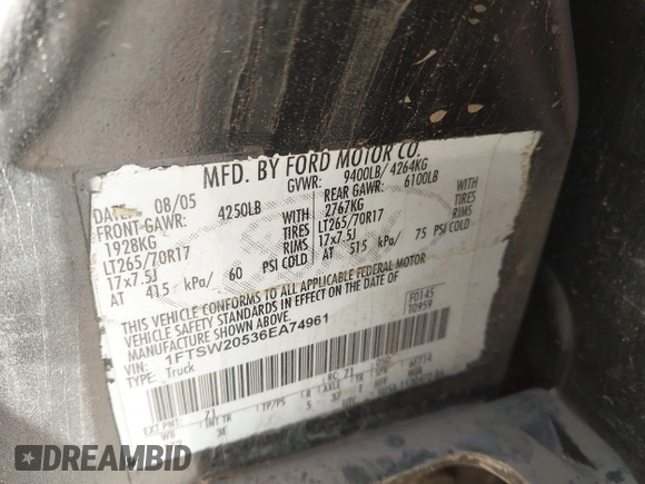 2006 Ford F-250 XL with VIN 1FTSW20536EA74961, listed as a IAAI auction lot 42649767 with 139,061 mi miles and . Bid and sale history available at DreamBid. Image 9.