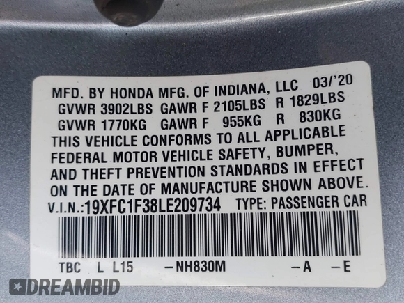 2020 Honda Civic Sedan EX with VIN 19XFC1F38LE209734, listed as a IAAI auction lot 41898003 with 116,421 mi miles. Bid and sale history available at carsss.com. Image 9.